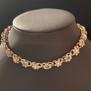 Vintage Clear & Blue Crystal RHINESTONE & GOLD PLATED CHOKER NECKLACE